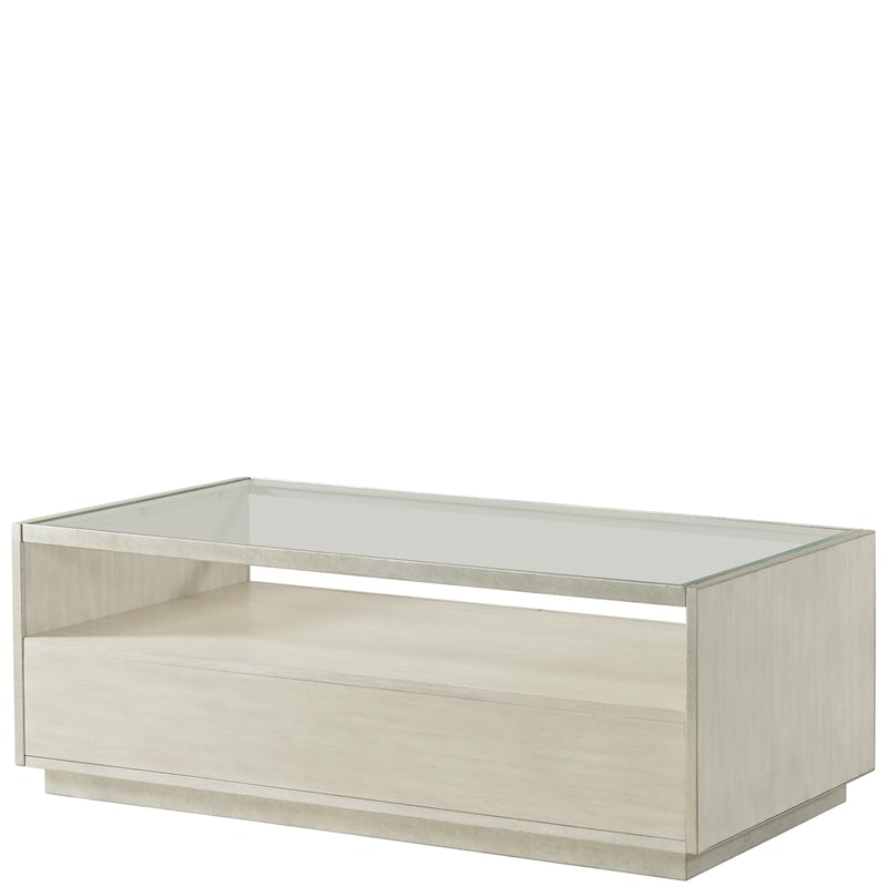 Pemberly Row Rectangular Wood Coffee Table with Glass Top in Champagne