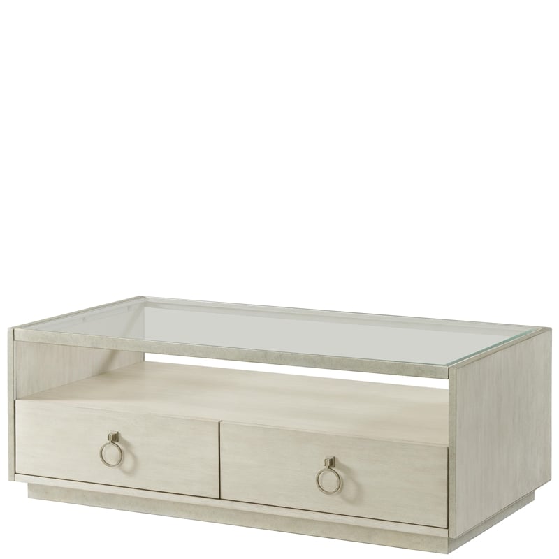 Pemberly Row Rectangular Wood Coffee Table with Glass Top in Champagne