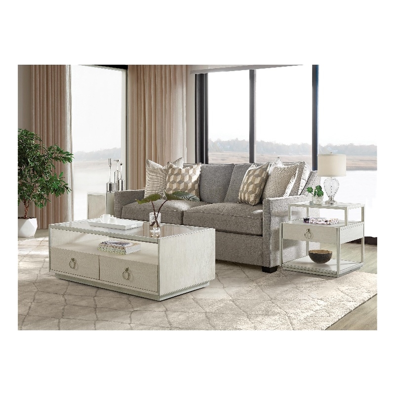 Pemberly Row Rectangular Wood Coffee Table with Glass Top in Champagne