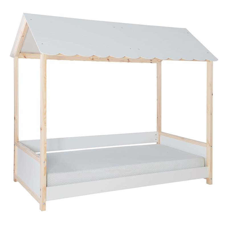 Pemberly Row Youth Twin Bed Frame w/ Roof Design in White Wood Finish