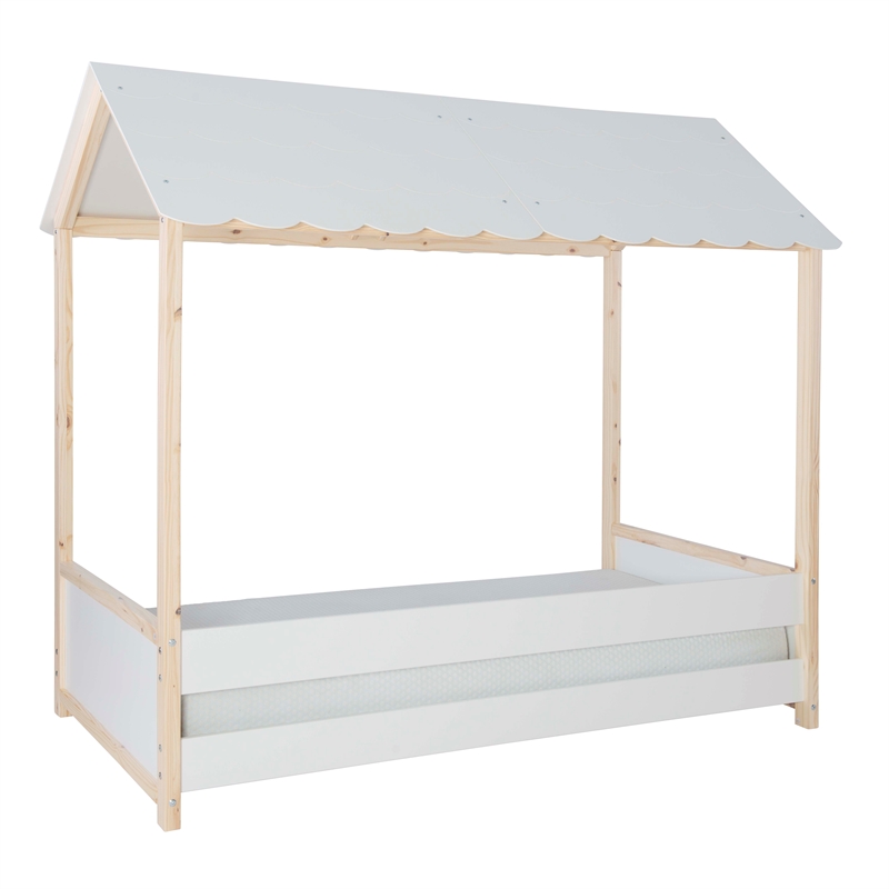 Pemberly Row Youth Twin Bed Frame w/ Roof Design in White Wood Finish