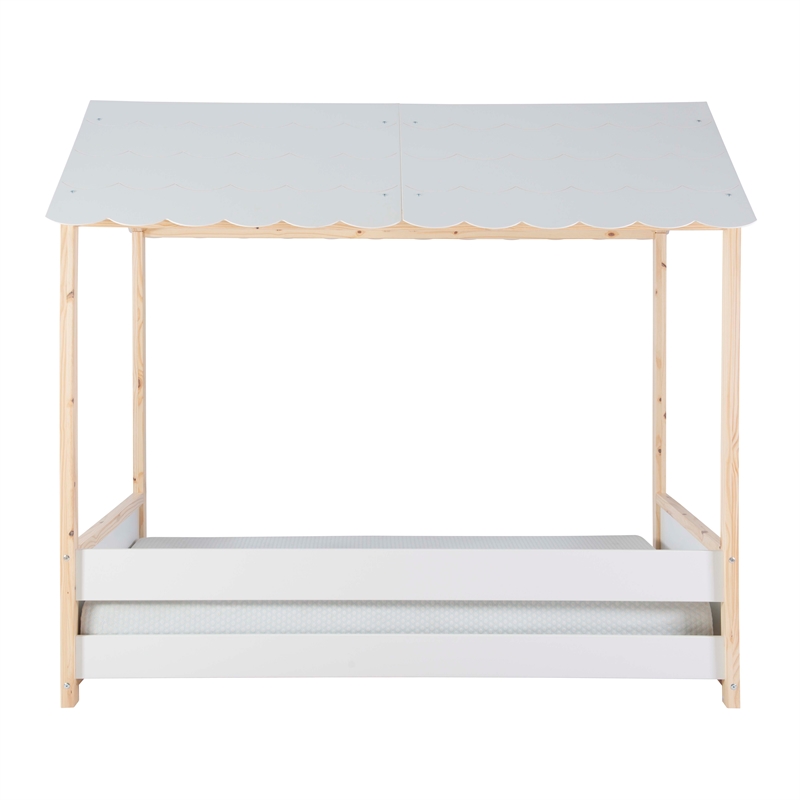 Pemberly Row Youth Twin Bed Frame w/ Roof Design in White Wood Finish