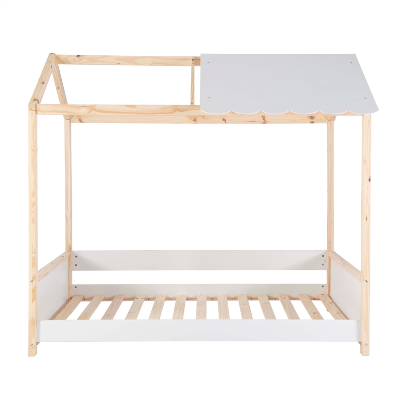 Pemberly Row Youth Twin Bed Frame w/ Roof Design in White Wood Finish