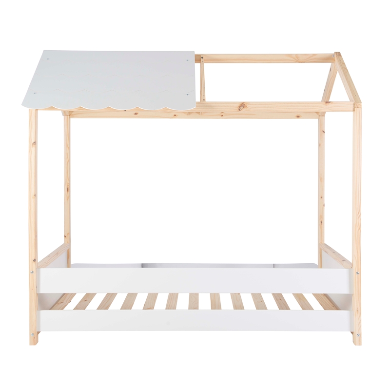 Pemberly Row Youth Twin Bed Frame w/ Roof Design in White Wood Finish