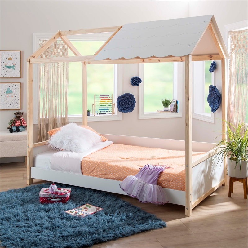 Pemberly Row Youth Twin Bed Frame w/ Roof Design in White Wood Finish