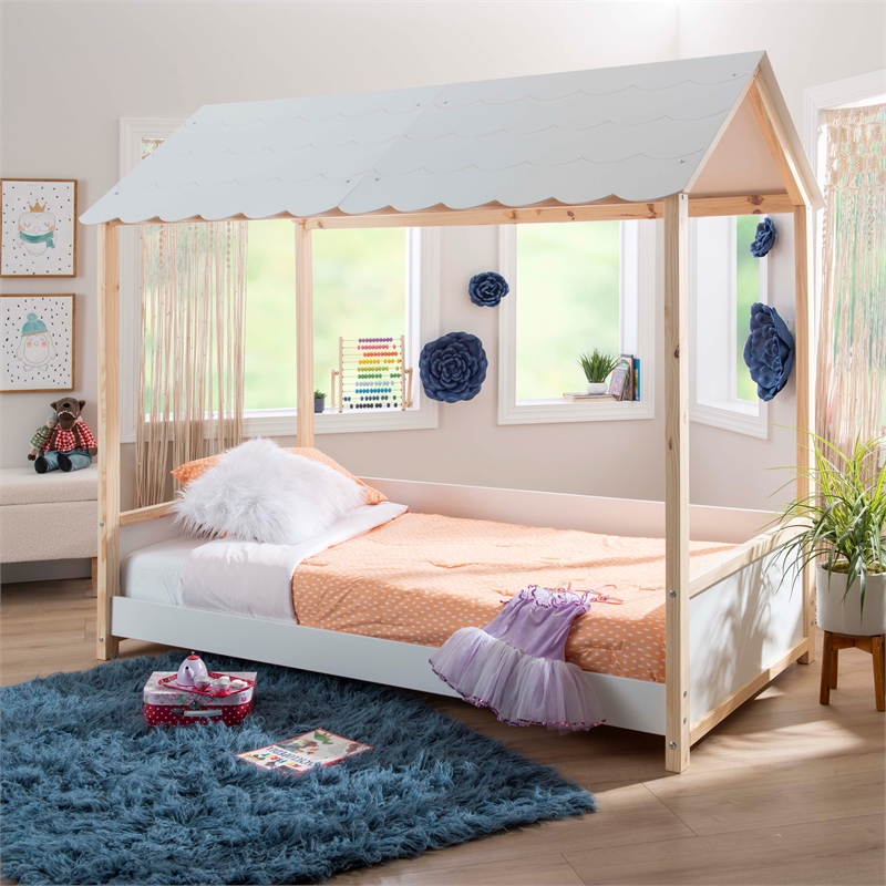 Pemberly Row Youth Twin Bed Frame w/ Roof Design in White Wood Finish