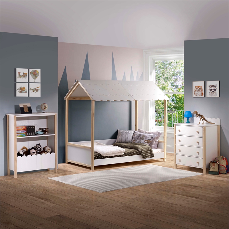Pemberly Row Youth Twin Bed Frame w/ Roof Design in White Wood Finish
