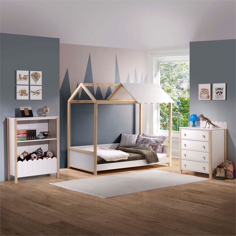 Pemberly Row Youth Twin Bed Frame w/ Roof Design in White Wood Finish