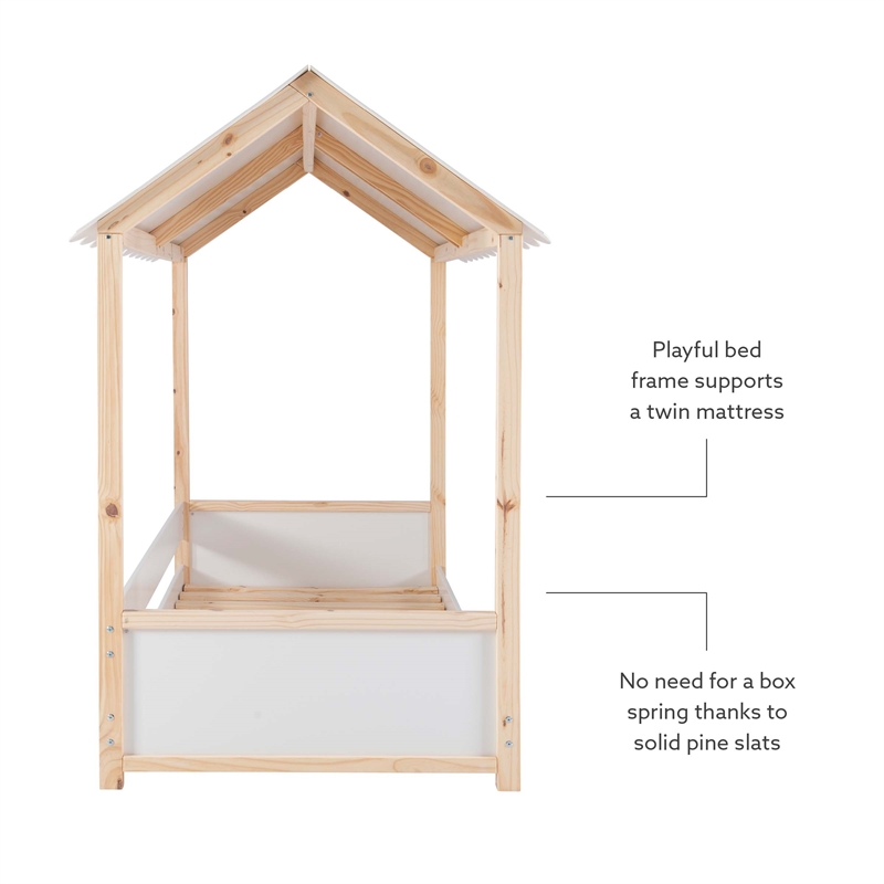 Pemberly Row Youth Twin Bed Frame w/ Roof Design in White Wood Finish