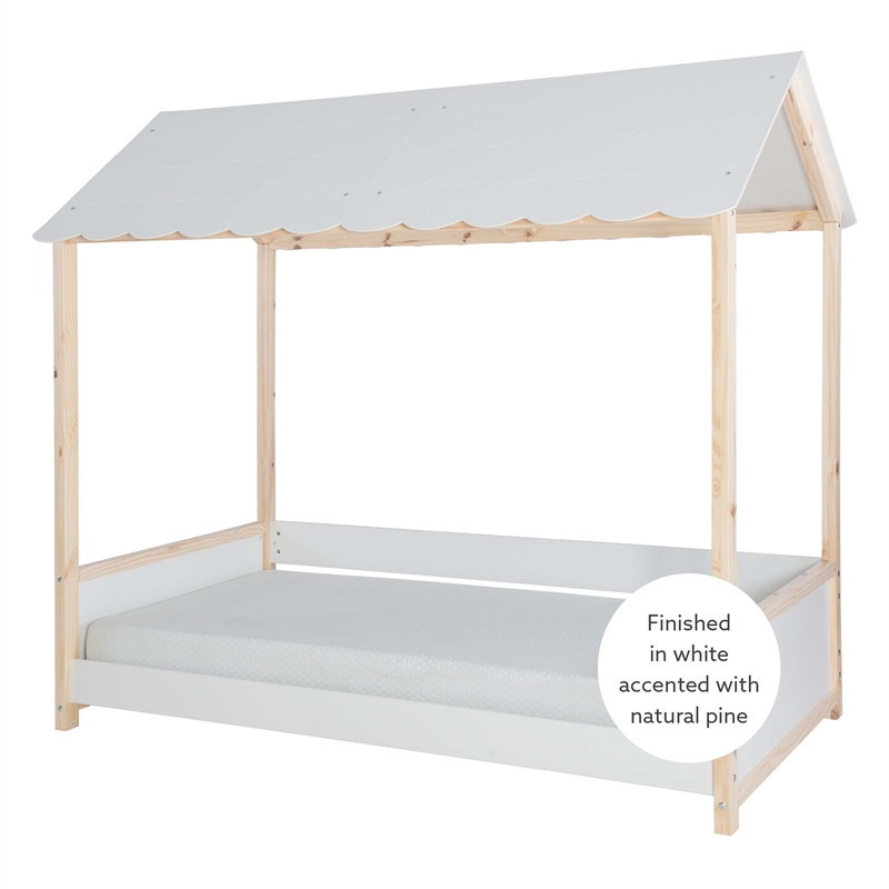 Pemberly Row Youth Twin Bed Frame w/ Roof Design in White Wood Finish