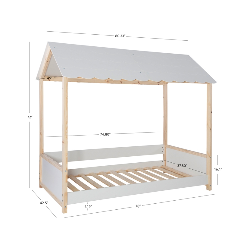 Pemberly Row Youth Twin Bed Frame w/ Roof Design in White Wood Finish