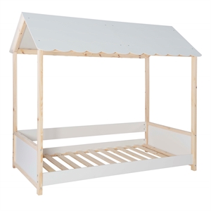 Pemberly Row Youth Twin Bed Frame w/ Roof Design in White Wood Finish