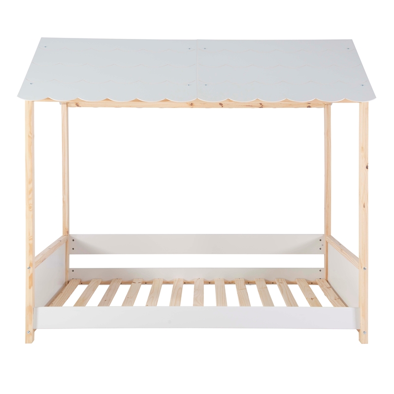 Pemberly Row Youth Twin Bed Frame w/ Roof Design in White Wood Finish