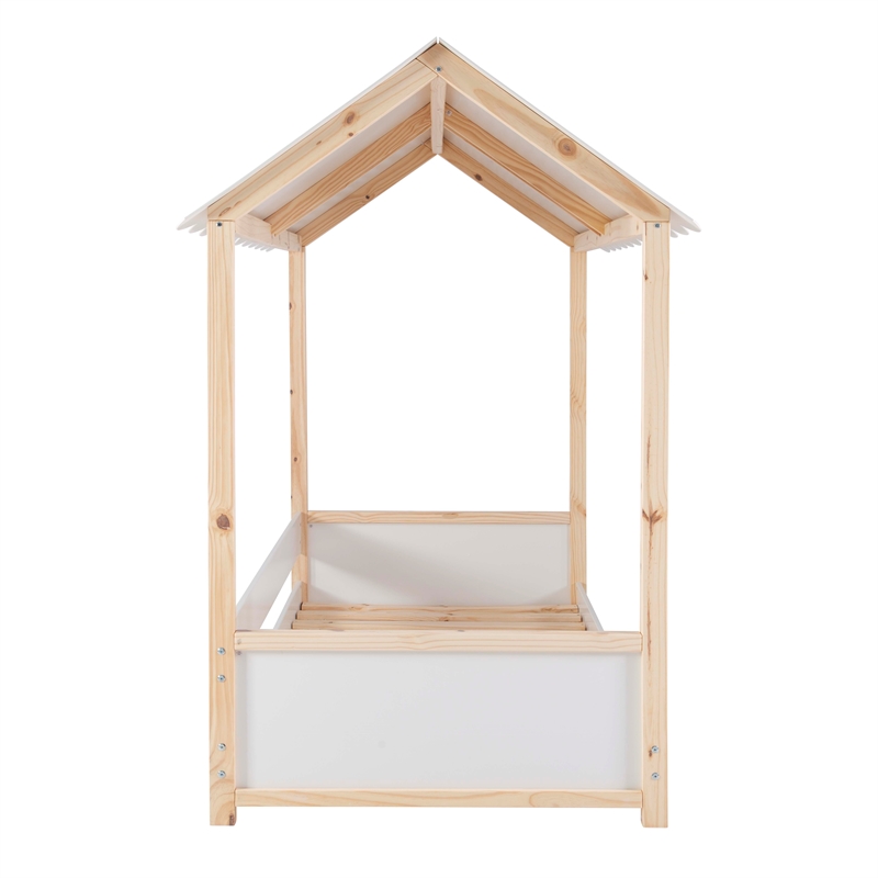 Pemberly Row Youth Twin Bed Frame w/ Roof Design in White Wood Finish