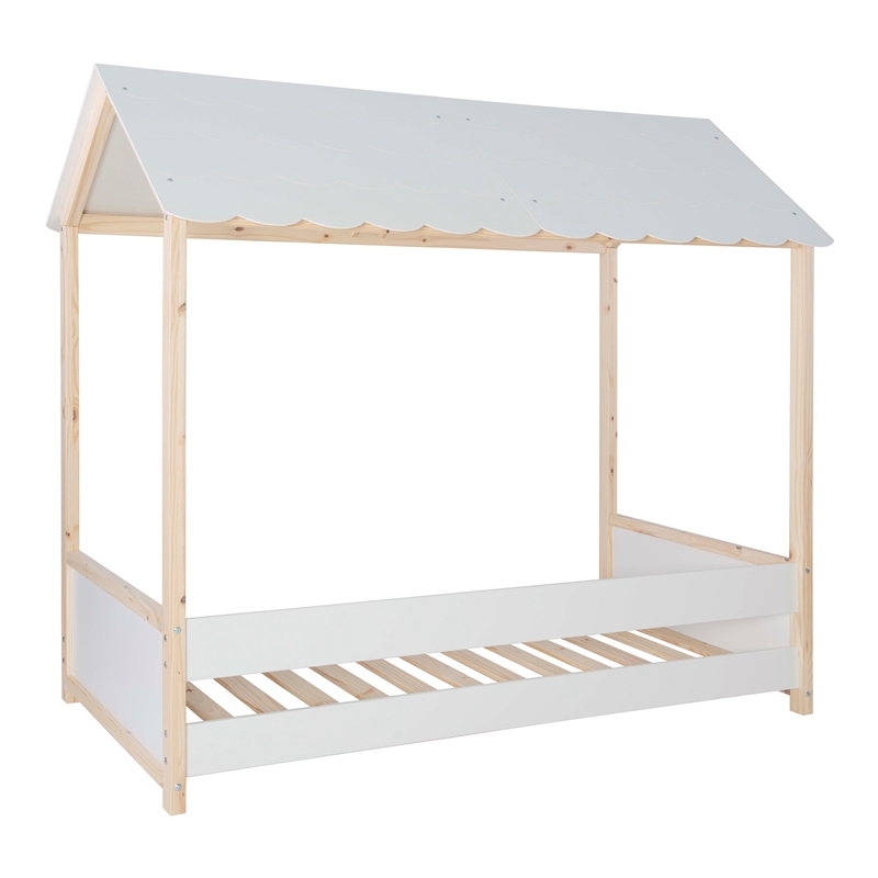 Pemberly Row Youth Twin Bed Frame w/ Roof Design in White Wood Finish