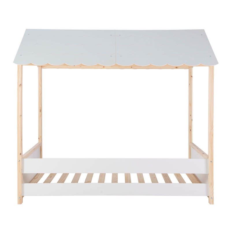 Pemberly Row Youth Twin Bed Frame w/ Roof Design in White Wood Finish