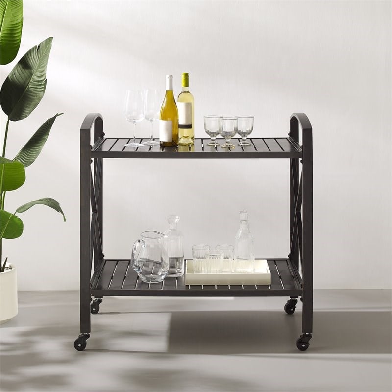 Pemberly Row Metal Outdoor Bar Cart in Oil Rubbed Bronze Finish