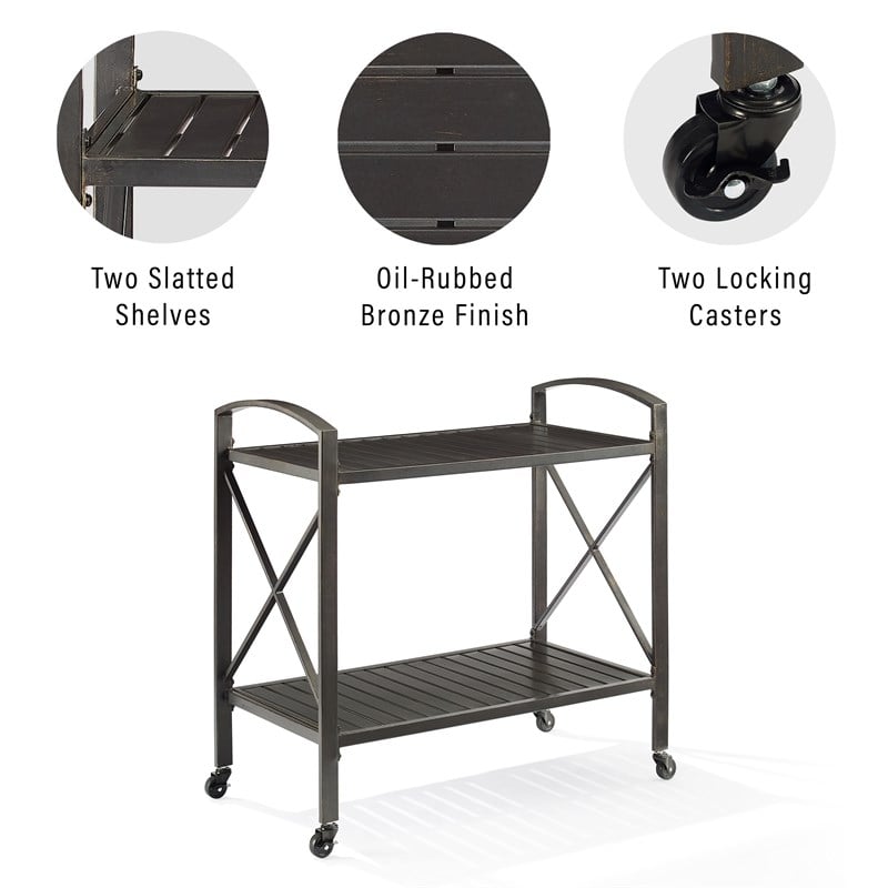 Pemberly Row Metal Outdoor Bar Cart in Oil Rubbed Bronze Finish