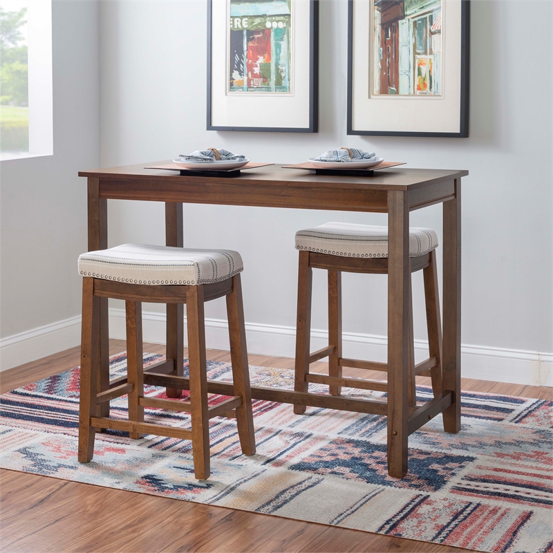 Pemberly Row 3-Piece Counter Dining Set Padded Beige Striped Seats in Brown