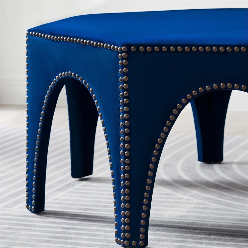 Pemberly Row Velvet Ottoman with Nailhead Trim in Navy
