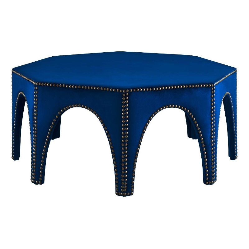Pemberly Row Velvet Ottoman with Nailhead Trim in Navy