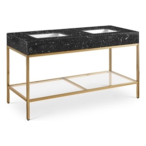Pemberly Row 60&quot Double Sink Bathroom Vanity in Black and Brass Finish