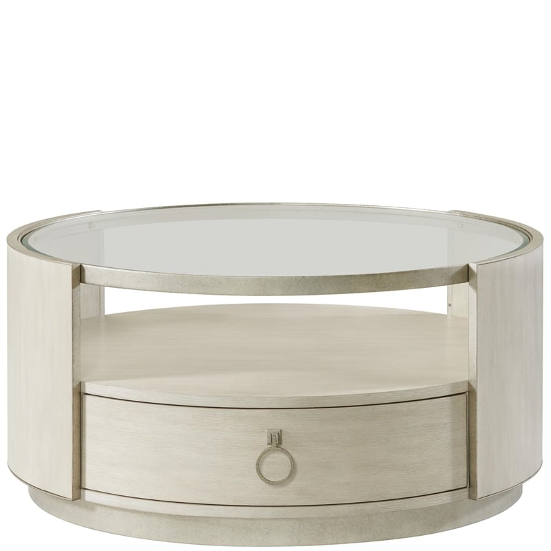 Pemberly Row Round Wood and Glass Coffee Table in Champagne