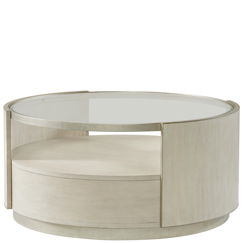 Pemberly Row Round Wood and Glass Coffee Table in Champagne