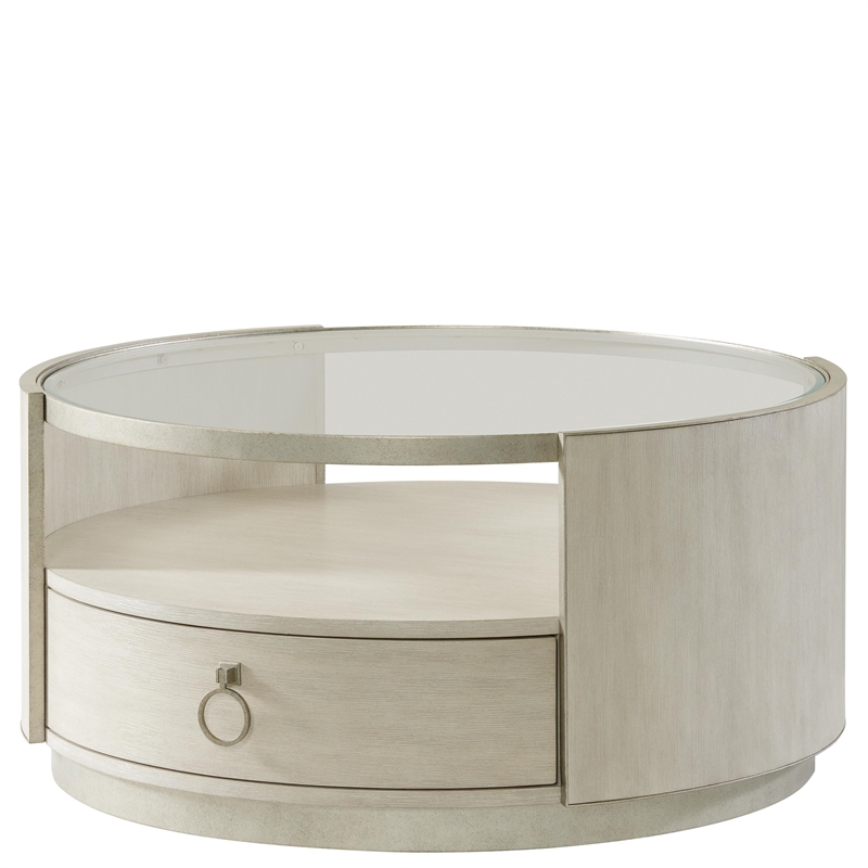 Pemberly Row Round Wood and Glass Coffee Table in Champagne
