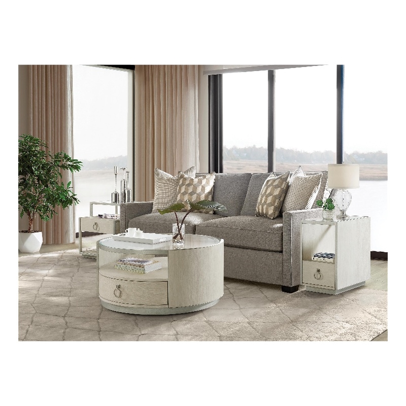 Pemberly Row Round Wood and Glass Coffee Table in Champagne