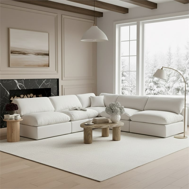 Pemberly Row 5-Pc Modular Sectional in White Linen Fabric w/ Cushions