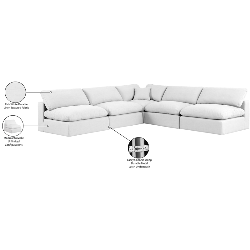 Pemberly Row 5-Pc Modular Sectional in White Linen Fabric w/ Cushions