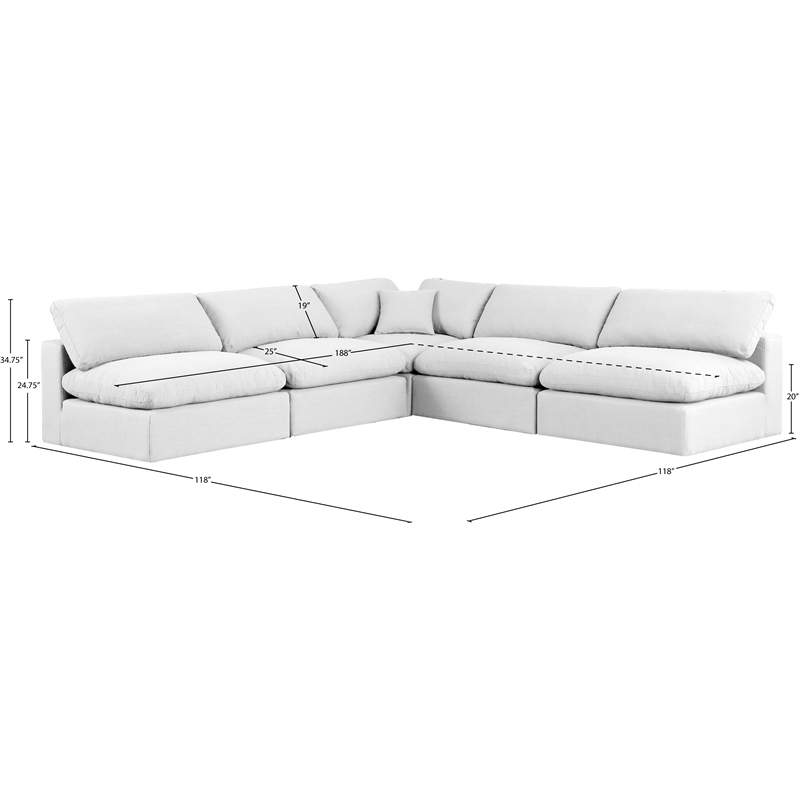 Pemberly Row 5-Pc Modular Sectional in White Linen Fabric w/ Cushions
