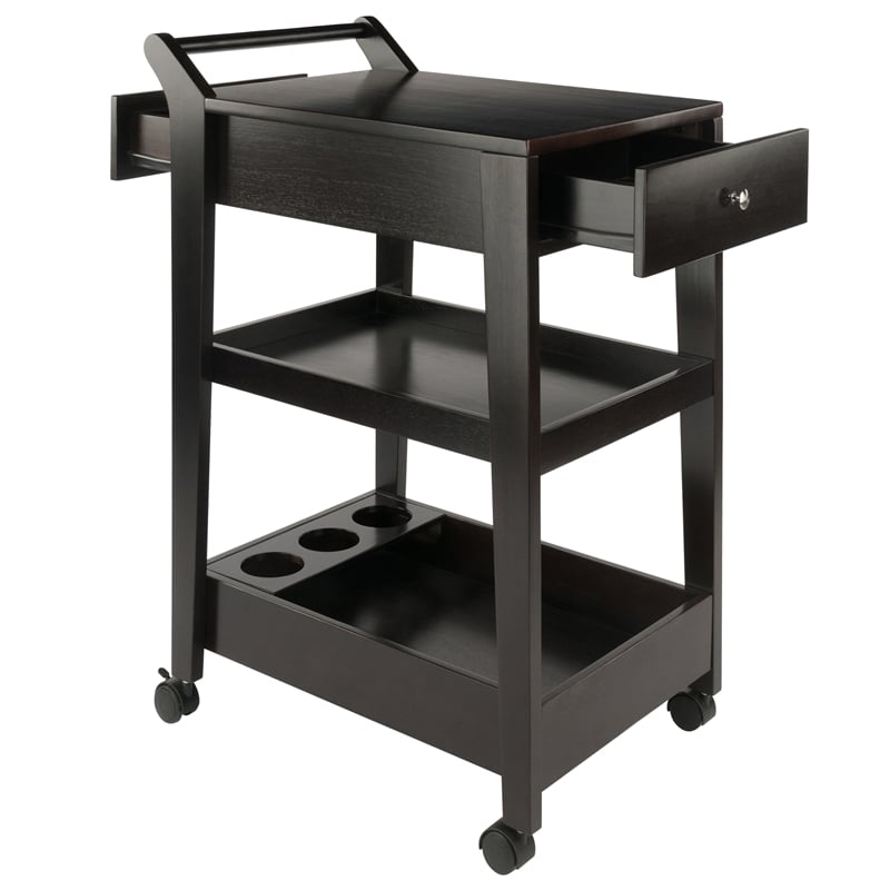 Pemberly Row Solid Wood Bar Cart in Espresso Finish with Drawers