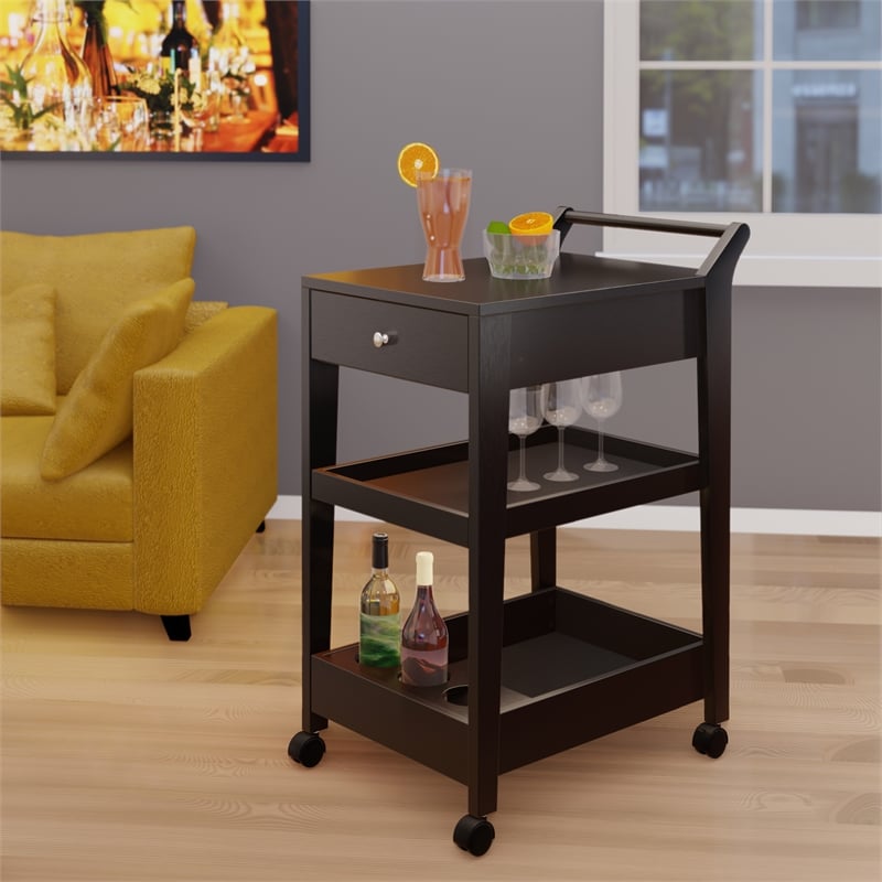 Pemberly Row Solid Wood Bar Cart in Espresso Finish with Drawers