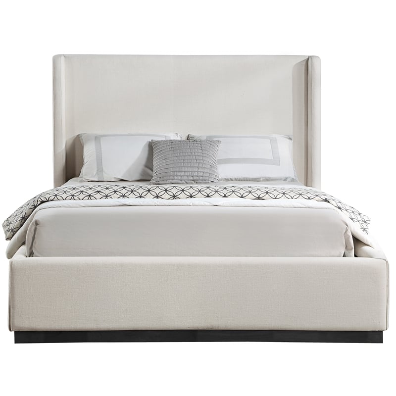 Pemberly Row Full Bed in Beige Linen Textured Fabric with Winged Headboard