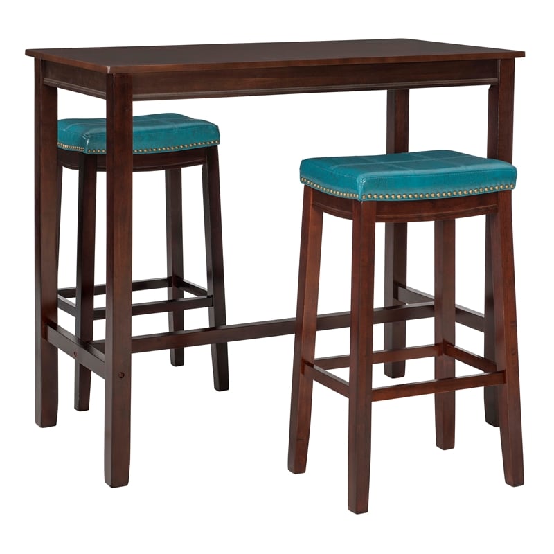Pemberly Row 3-Piece Bar Dining Set with Blue Faux Leather Seats