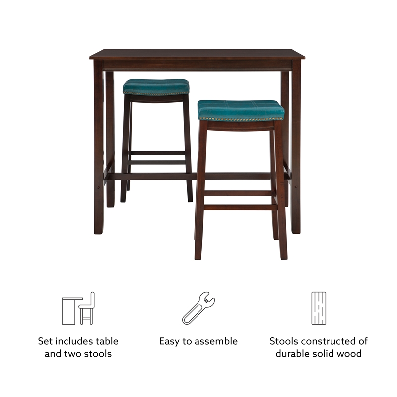 Pemberly Row 3-Piece Bar Dining Set with Blue Faux Leather Seats