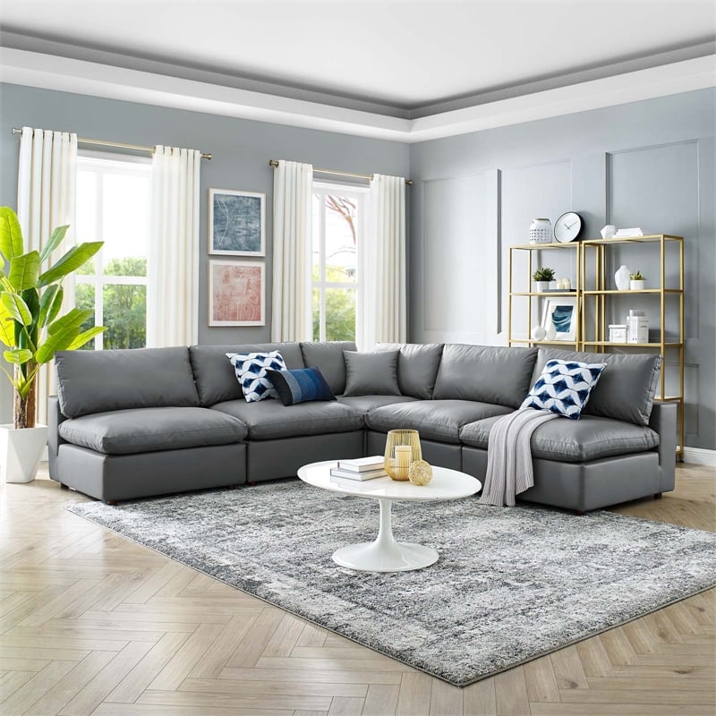 Pemberly Row 5-Piece Faux Leather Sectional Sofa in Gray
