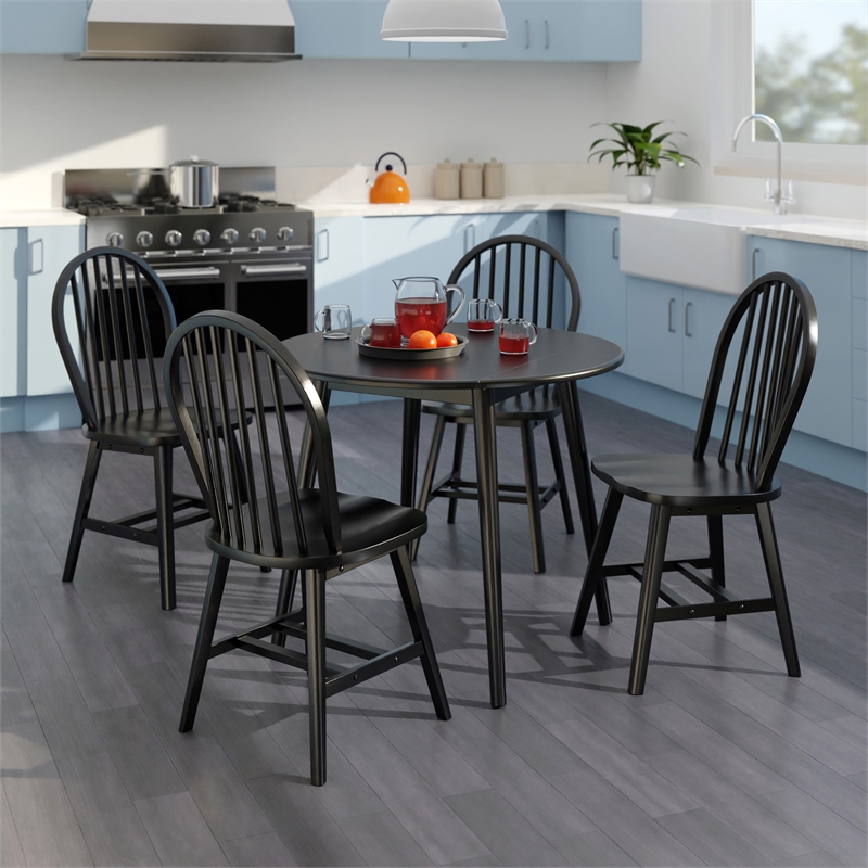 Pemberly Row 5-Piece Drop Leaf Dining Set in Solid Wood Black Finish