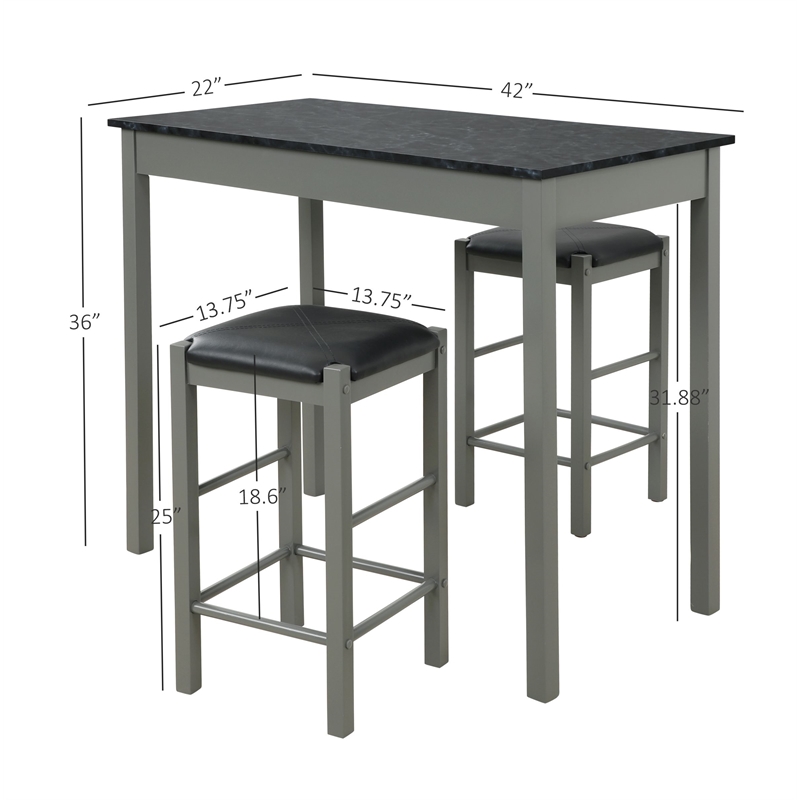 Pemberly Row 3-Piece Faux Marble Tavern Dining Set in Grey Finish