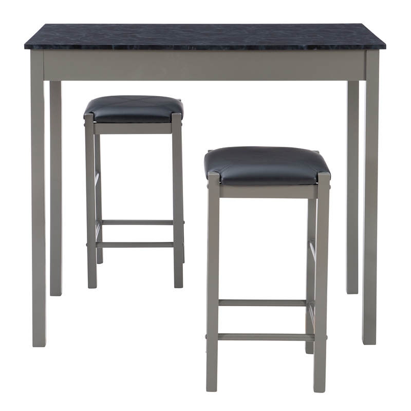 Pemberly Row 3-Piece Faux Marble Tavern Dining Set in Grey Finish