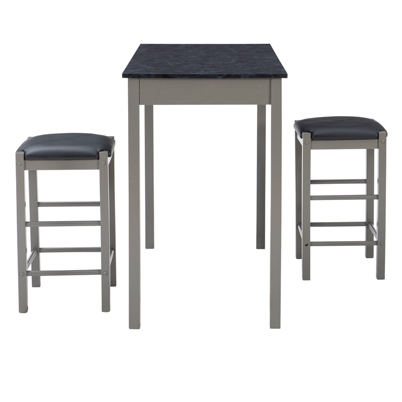 Pemberly Row 3-Piece Faux Marble Tavern Dining Set in Grey Finish