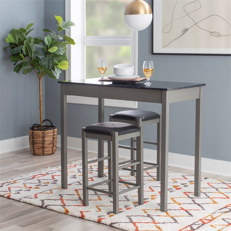 Pemberly Row 3-Piece Faux Marble Tavern Dining Set in Grey Finish