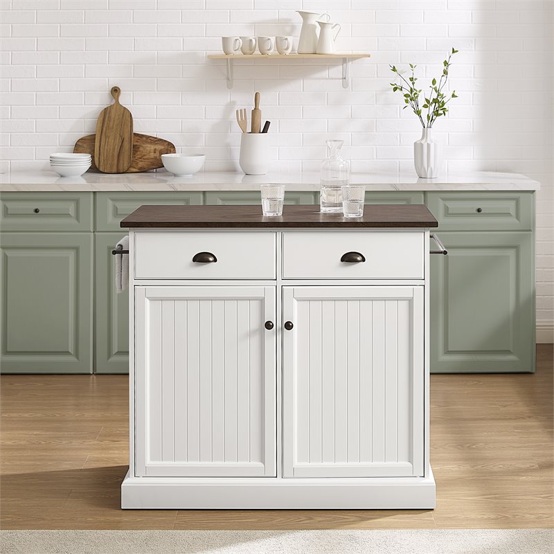 Pemberly Row White Coastal Kitchen Island with Dark Brown Countertop