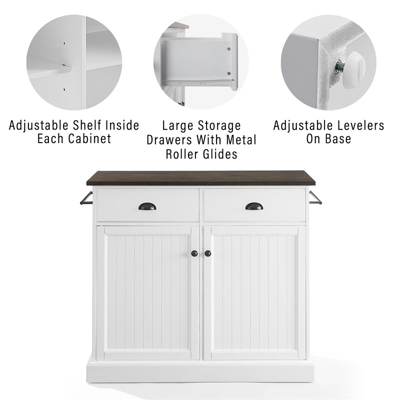 Pemberly Row White Coastal Kitchen Island with Dark Brown Countertop