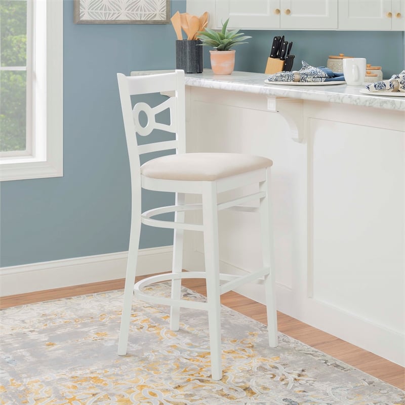 Pemberly Row Bar Stools Set of Two with White Beechwood Frame and Beige Seats