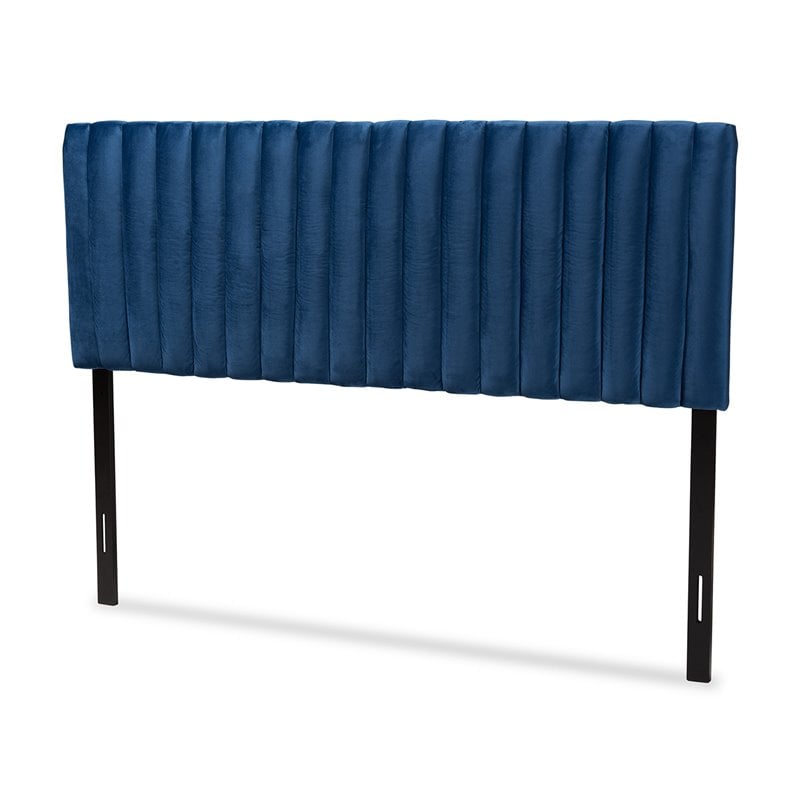 Pemberly Row Navy Blue Velvet Full-Size Headboard with Dark Brown Legs