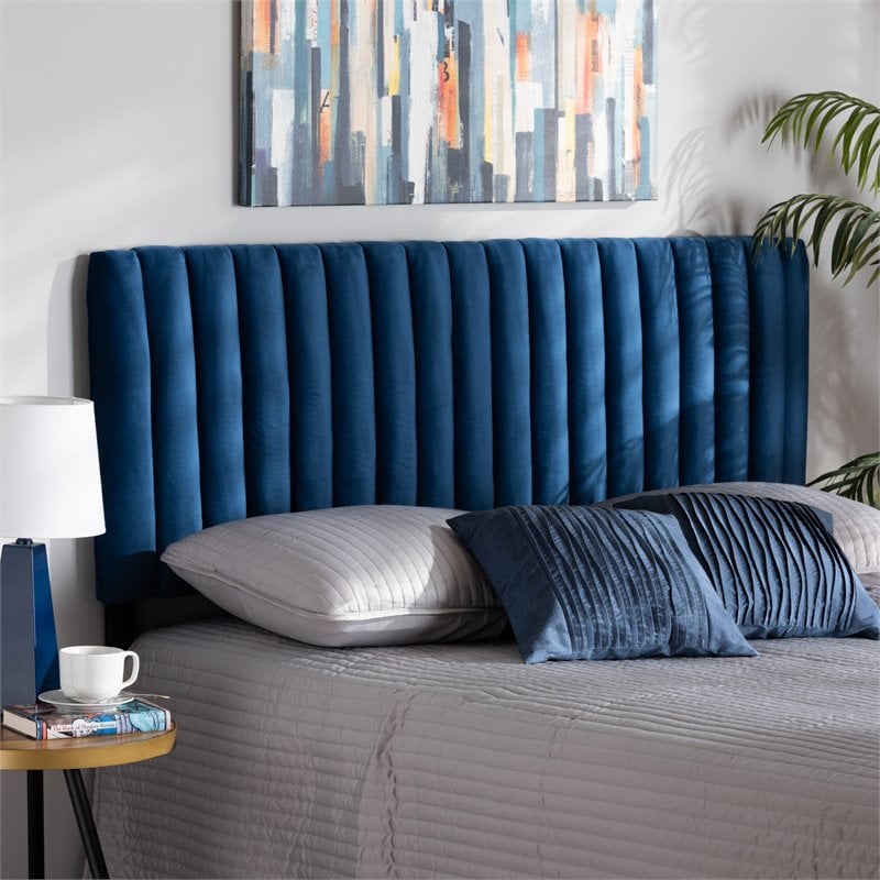Pemberly Row Navy Blue Velvet Full-Size Headboard with Dark Brown Legs