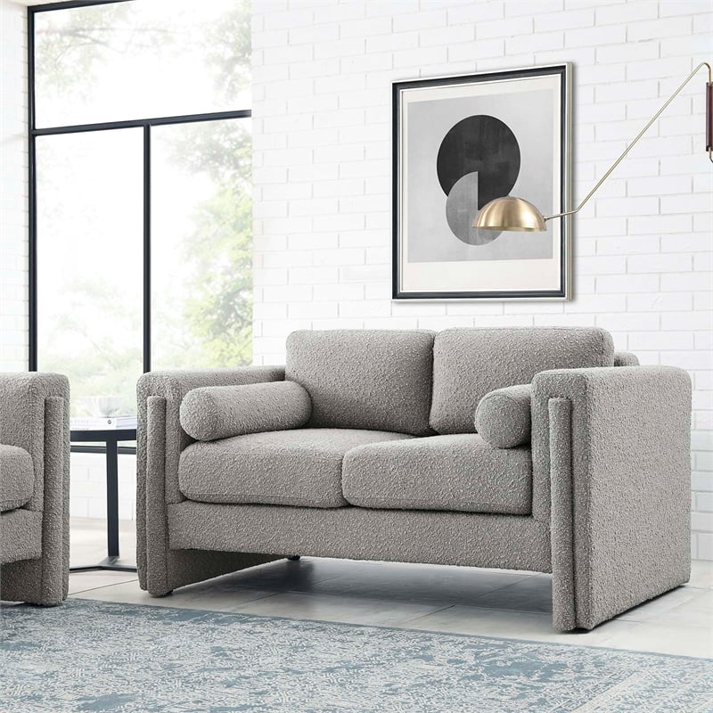 Pemberly Row Upholstered Boucle Fabric Loveseat in Light Gray